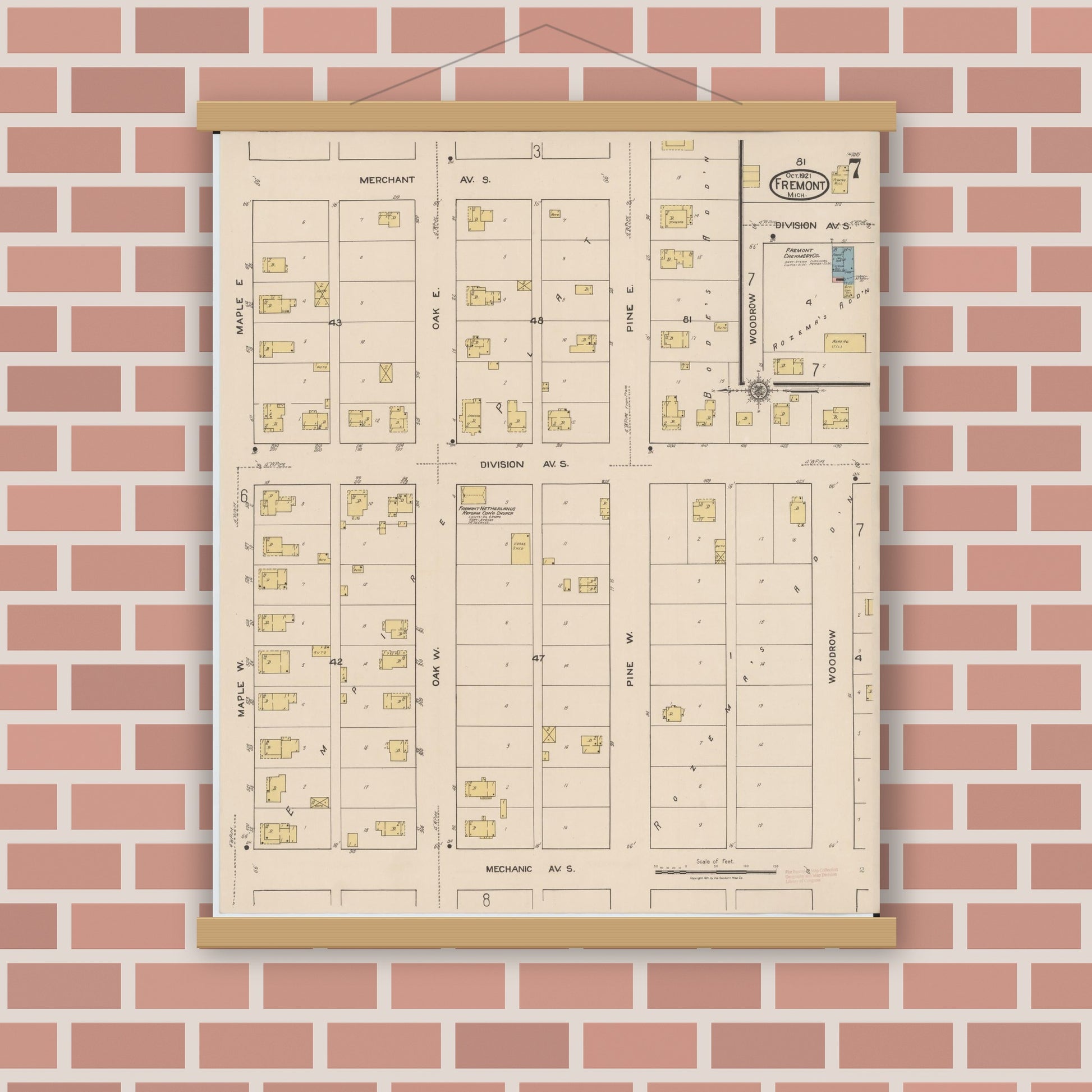 Old map wall art mockup — magnetic wood frame on brick wall — Sanborn Fire Insurance Map from Fremont, Newaygo County, Michigan (1921), Sheet #0007