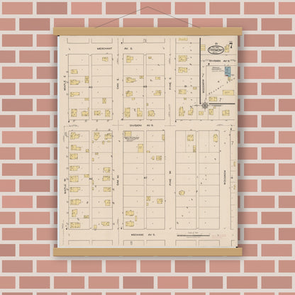Old map wall art mockup — magnetic wood frame on brick wall — Sanborn Fire Insurance Map from Fremont, Newaygo County, Michigan (1921), Sheet #0007
