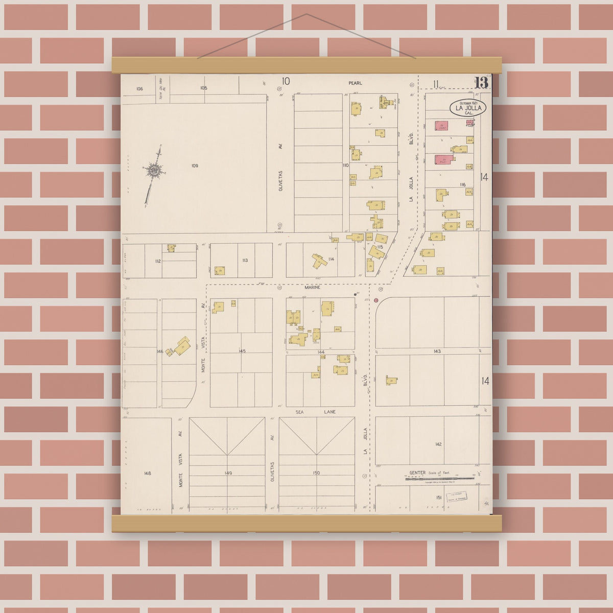 Old map wall art mockup — magnetic wood frame on brick wall — Sanborn Fire Insurance Map from La Jolla, San Diego County, California (1921), Sheet #0013