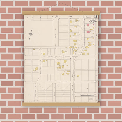 Old map wall art mockup — magnetic wood frame on brick wall — Sanborn Fire Insurance Map from La Jolla, San Diego County, California (1921), Sheet #0013