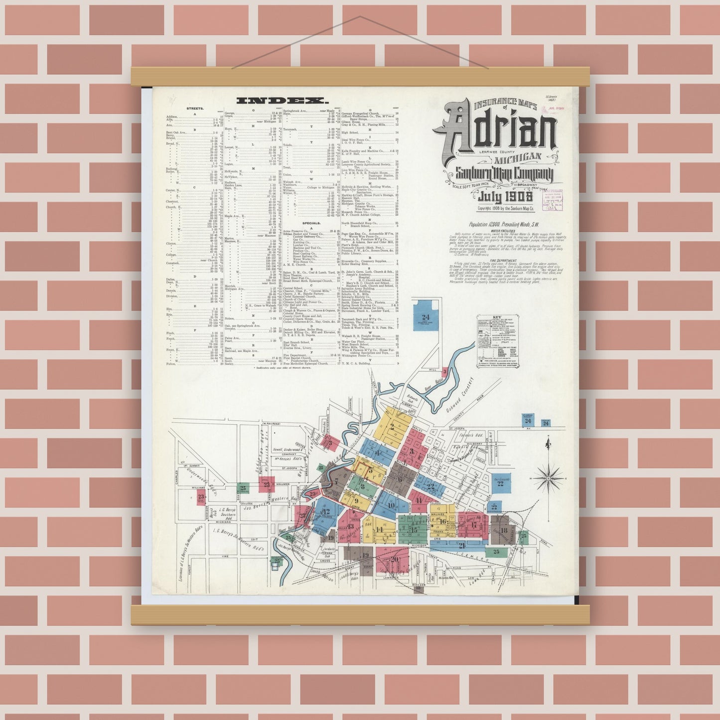 Old map wall art mockup — magnetic wood frame on brick wall — Sanborn Fire Insurance Map from Adrian, Lenawee County, Michigan (1908) - Complete Map Set