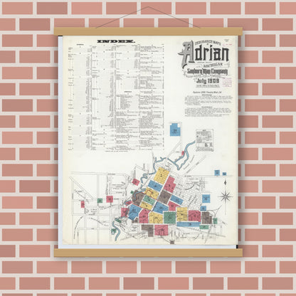 Old map wall art mockup — magnetic wood frame on brick wall — Sanborn Fire Insurance Map from Adrian, Lenawee County, Michigan (1908) - Complete Map Set