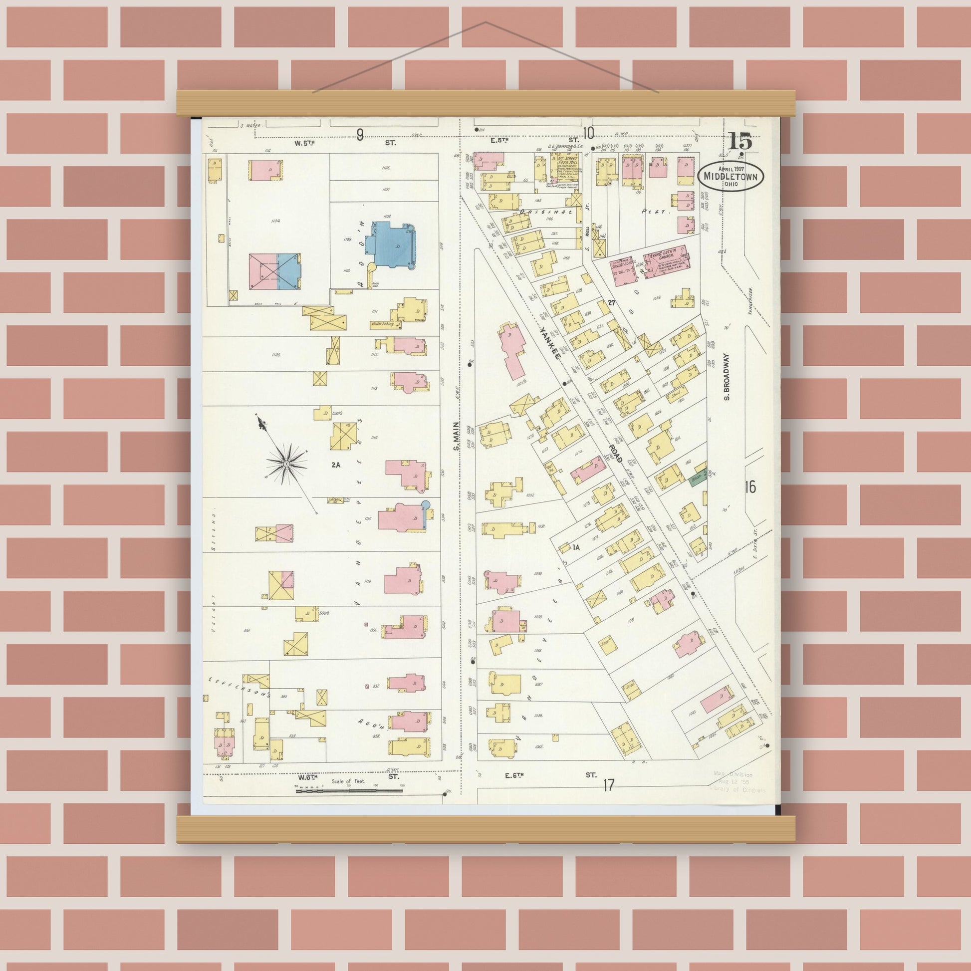 Old map wall art mockup — magnetic wood frame on brick wall — Sanborn Fire Insurance Map from Middletown, Butler County, Ohio (1907), Sheet #0015