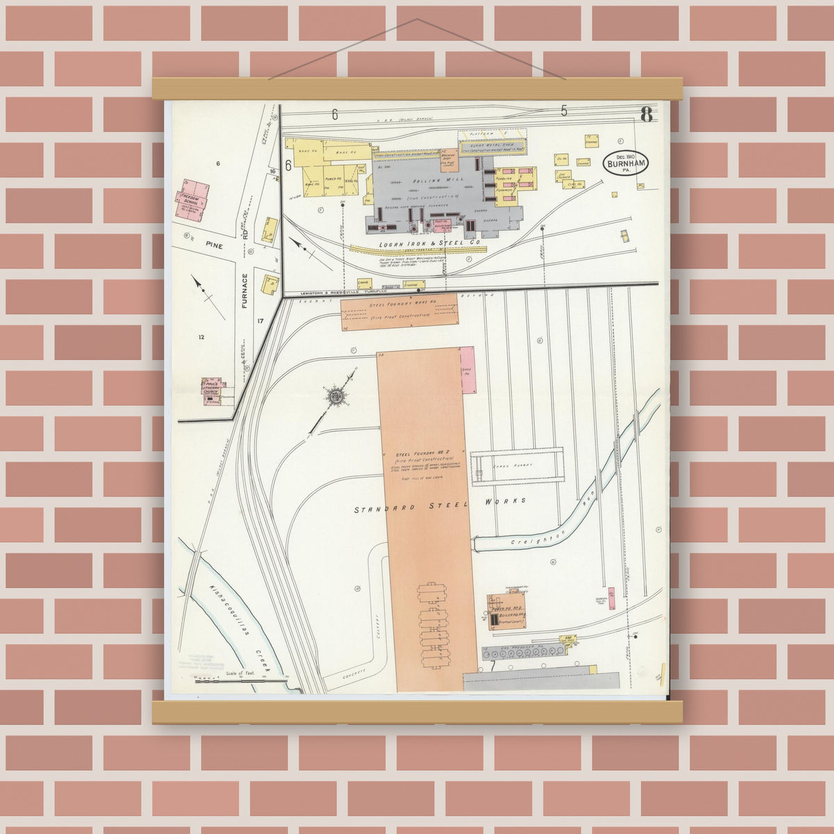 Old map wall art mockup — magnetic wood frame on brick wall — Sanborn Fire Insurance Map from Burnham, Mifflin County, Pennsylvania (1910), Sheet #0008