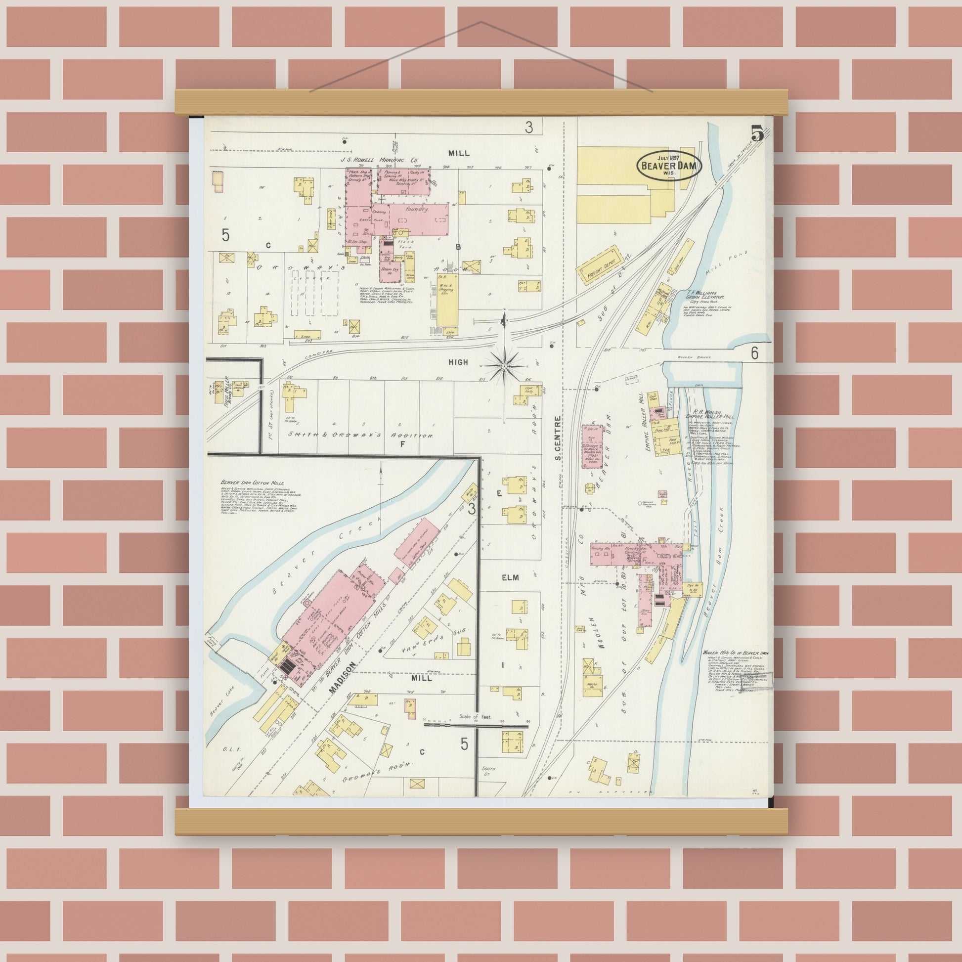 Old map wall art mockup — magnetic wood frame on brick wall — Sanborn Fire Insurance Map from Beaver Dam, Dodge County, Wisconsin (1897), Sheet #0005