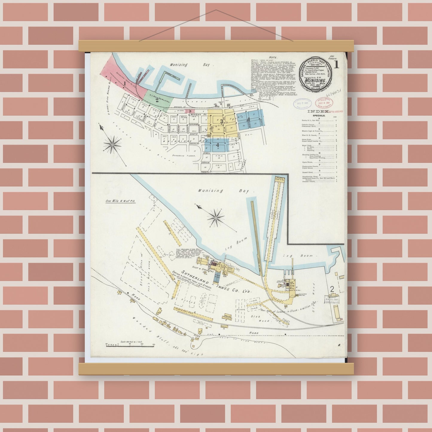 Old map wall art mockup — magnetic wood frame on brick wall — Sanborn Fire Insurance Map from Munising, Alger County, Michigan (1897), Sheet #0001