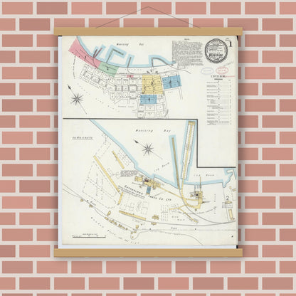 Old map wall art mockup — magnetic wood frame on brick wall — Sanborn Fire Insurance Map from Munising, Alger County, Michigan (1897), Sheet #0001