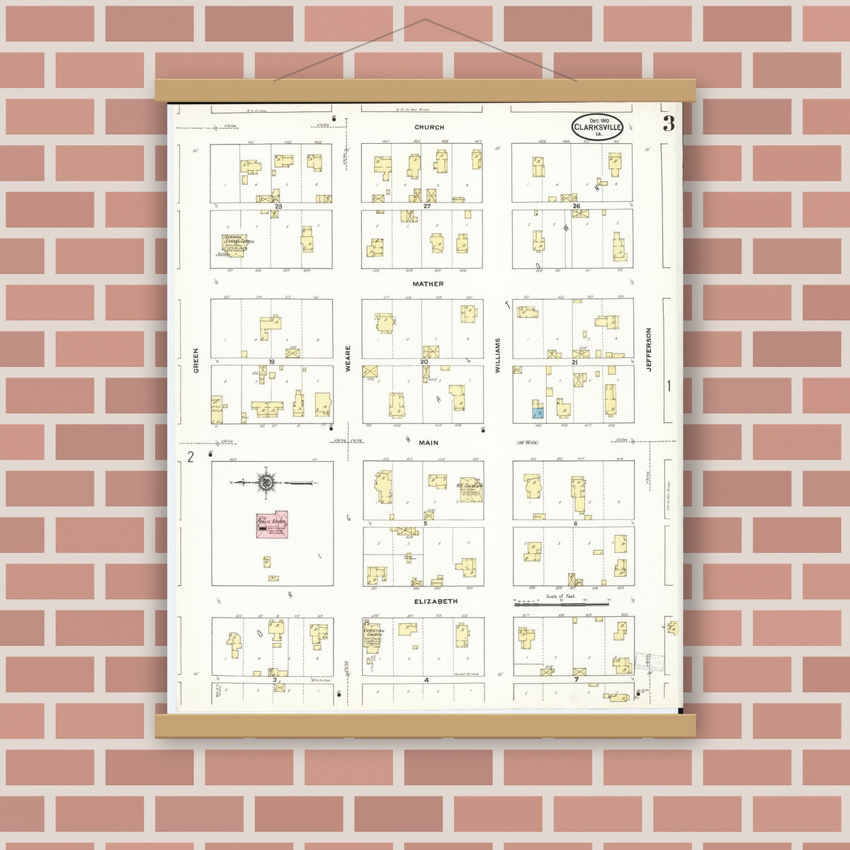 Old map wall art mockup — magnetic wood frame on brick wall — Sanborn Fire Insurance Map from Clarksville, Butler County, Iowa (1910), Sheet #0003