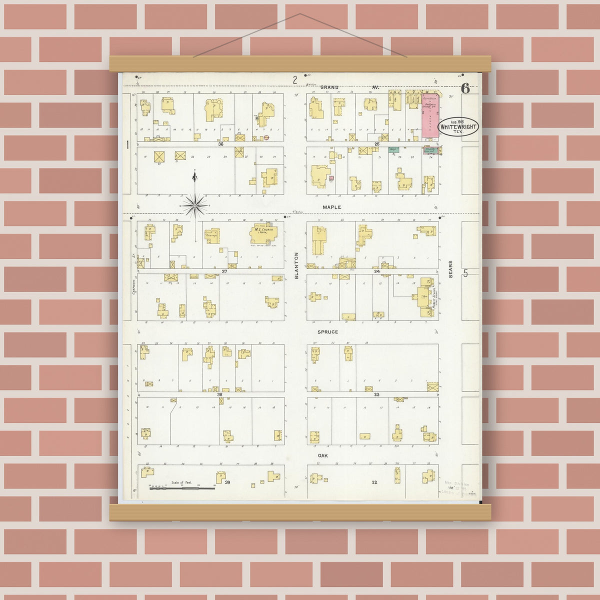Old map wall art mockup — magnetic wood frame on brick wall — Sanborn Fire Insurance Map from Whitewright, Grayson County, Texas (1905), Sheet #0006