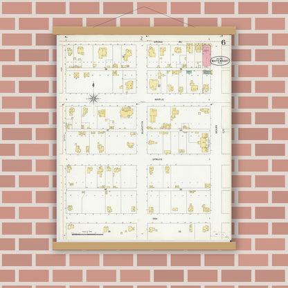 Old map wall art mockup — magnetic wood frame on brick wall — Sanborn Fire Insurance Map from Whitewright, Grayson County, Texas (1905), Sheet #0006