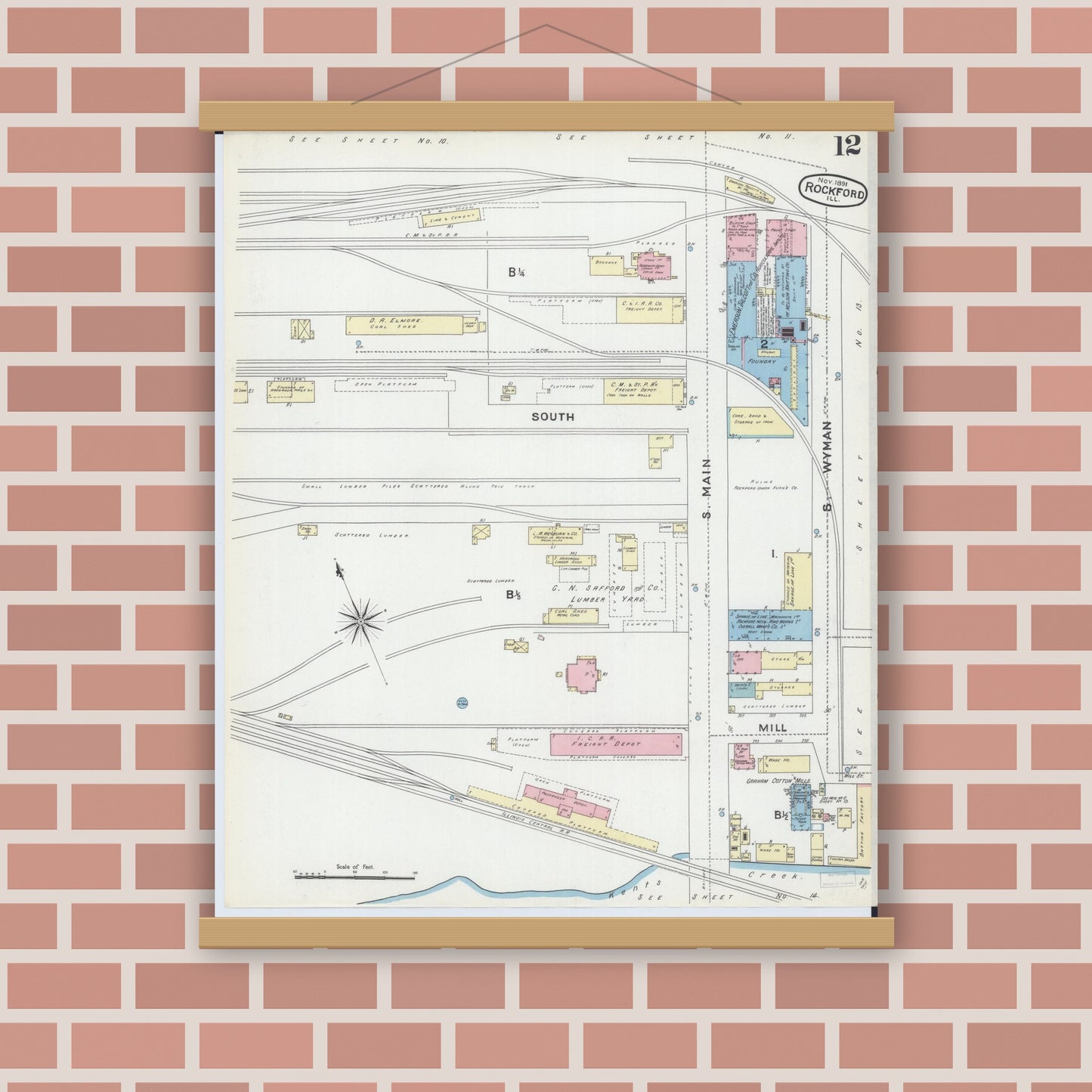 Old map wall art mockup — magnetic wood frame on brick wall — Sanborn Fire Insurance Map from Rockford, Winnebago County, Illinois (1891), Sheet #0012