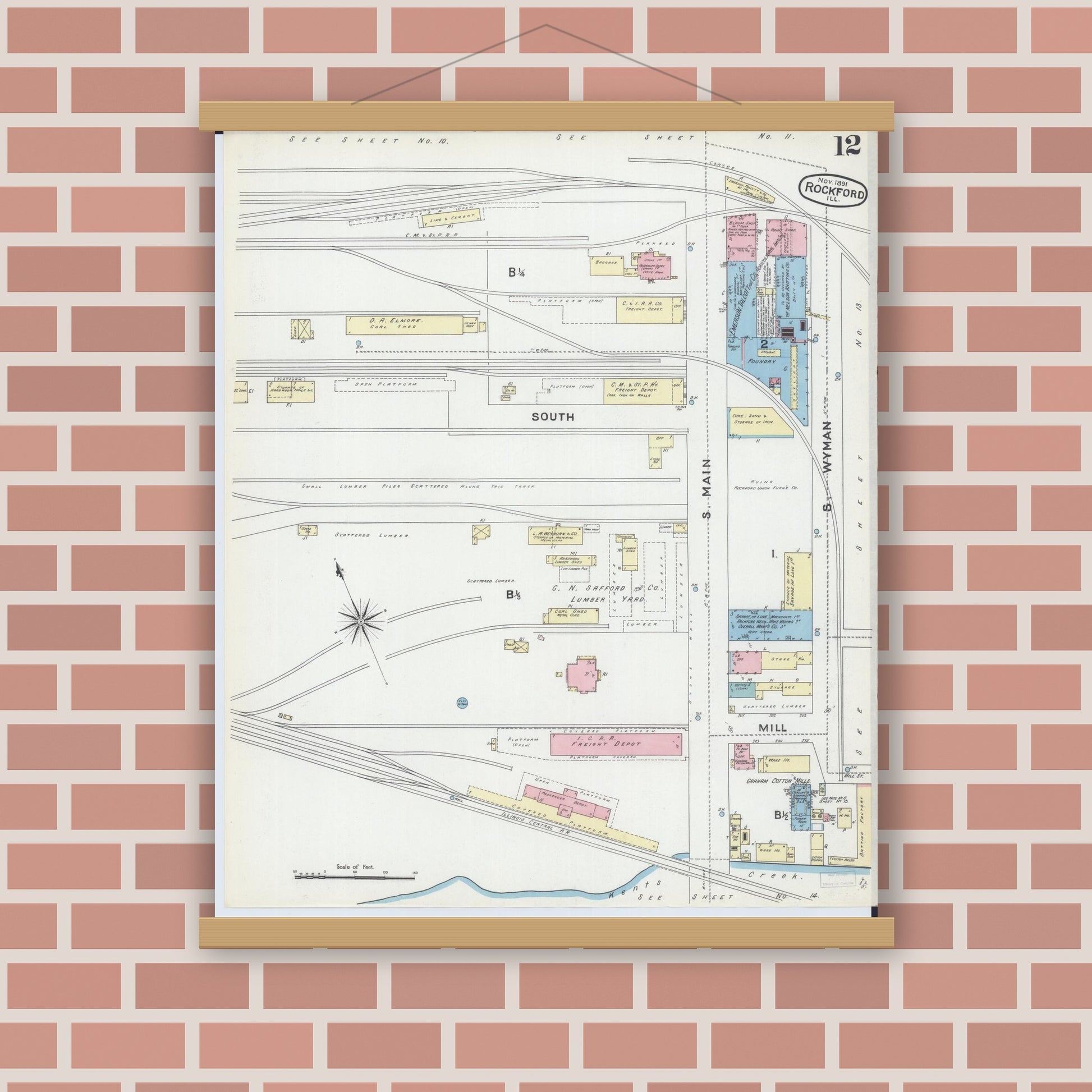 Old map wall art mockup — magnetic wood frame on brick wall — Sanborn Fire Insurance Map from Rockford, Winnebago County, Illinois (1891), Sheet #0012