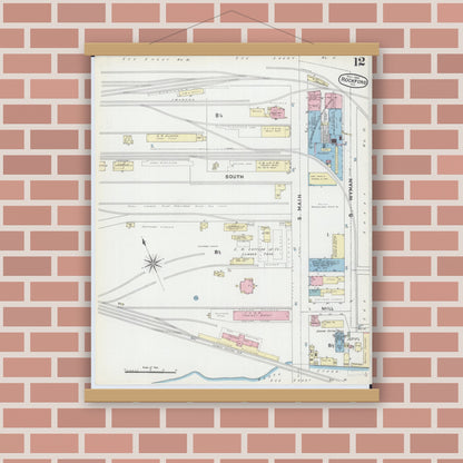 Old map wall art mockup — magnetic wood frame on brick wall — Sanborn Fire Insurance Map from Rockford, Winnebago County, Illinois (1891), Sheet #0012