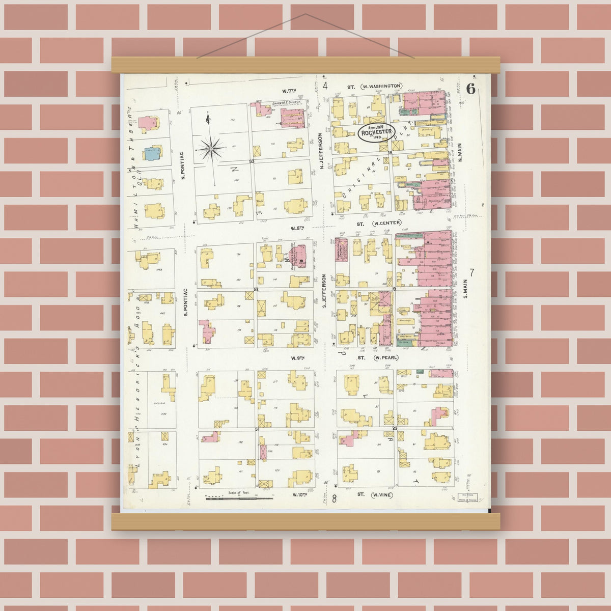 Old map wall art mockup — magnetic wood frame on brick wall — Sanborn Fire Insurance Map from Rochester, Fulton County, Indiana (1907), Sheet #0006
