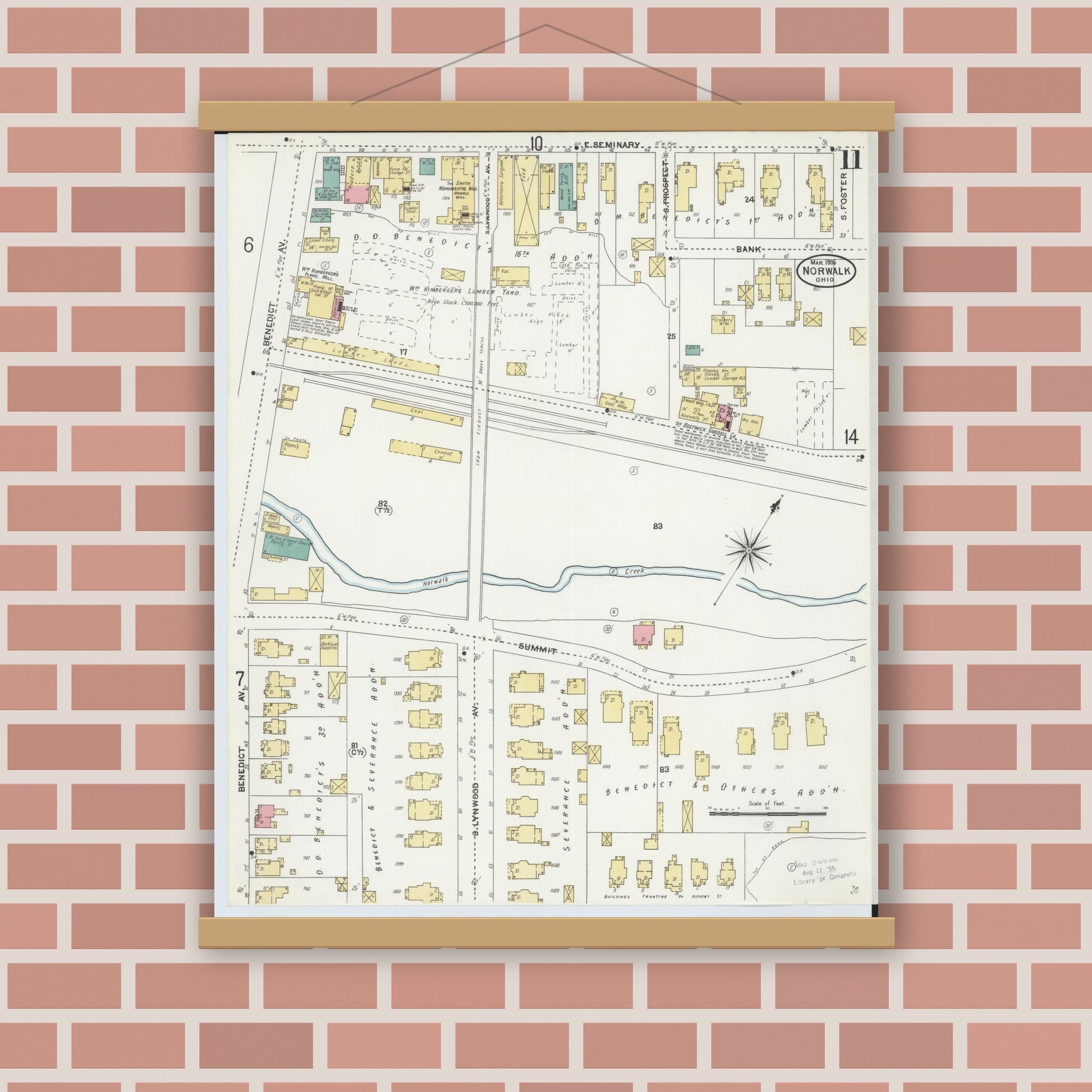 Old map wall art mockup — magnetic wood frame on brick wall — Sanborn Fire Insurance Map from Norwalk, Huron County, Ohio (1906), Sheet #0011