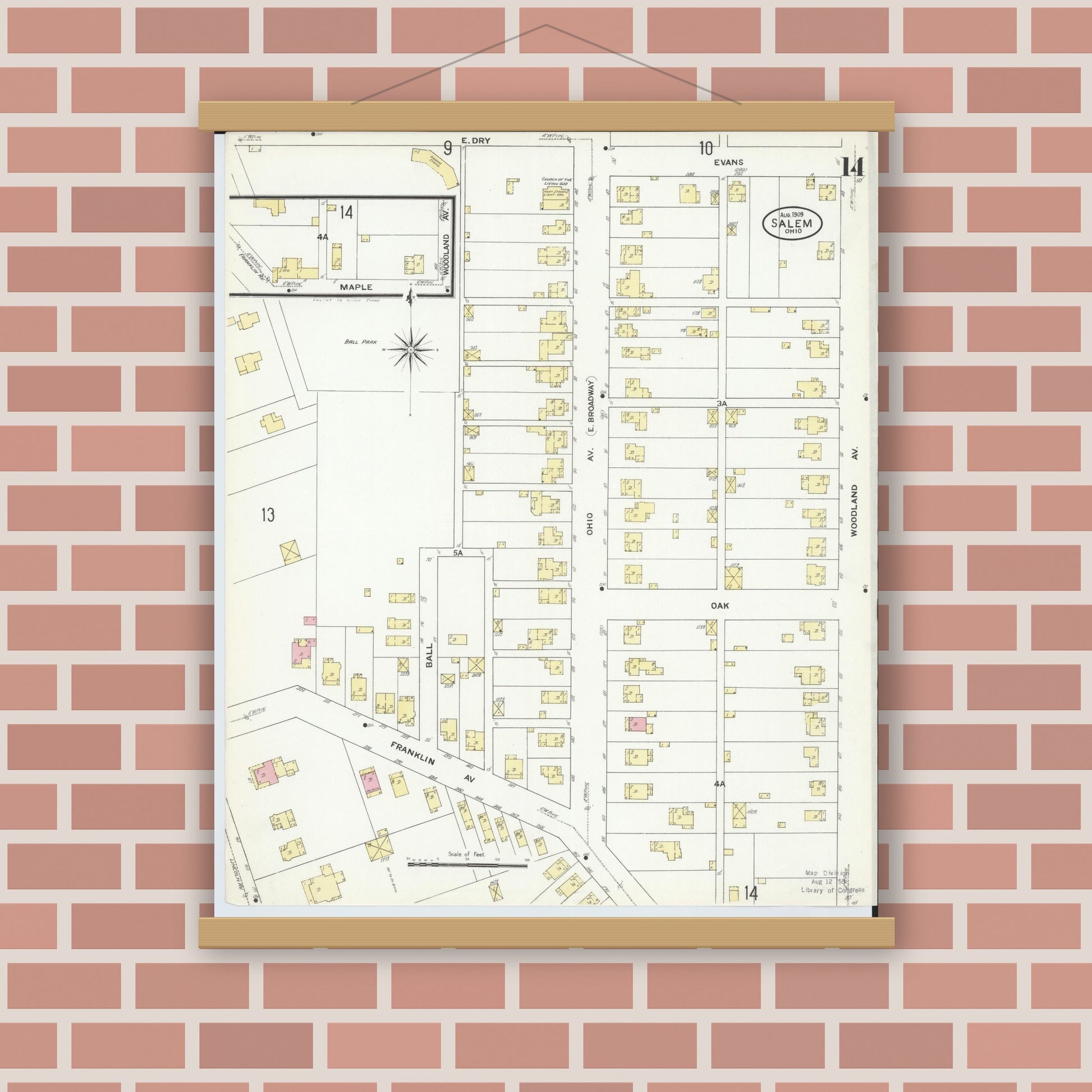 Old map wall art mockup — magnetic wood frame on brick wall — Sanborn Fire Insurance Map from Salem, Columbiana County, Ohio (1909), Sheet #0014
