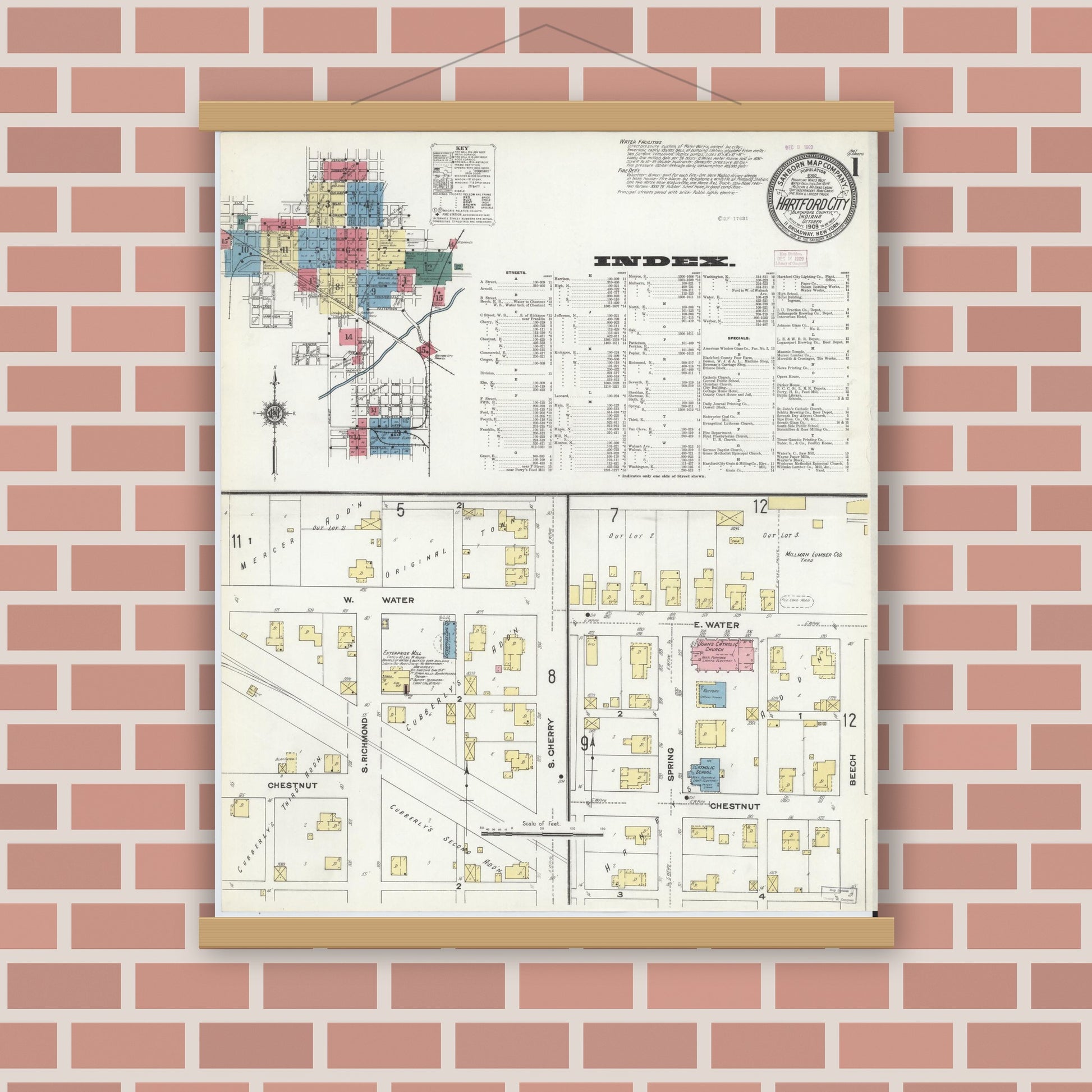 Old map wall art mockup — magnetic wood frame on brick wall — Sanborn Fire Insurance Map from Hartford City, Blackford County, Indiana (1909) - Complete Map Set