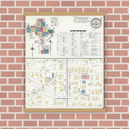 Old map wall art mockup — magnetic wood frame on brick wall — Sanborn Fire Insurance Map from Hartford City, Blackford County, Indiana (1909) - Complete Map Set