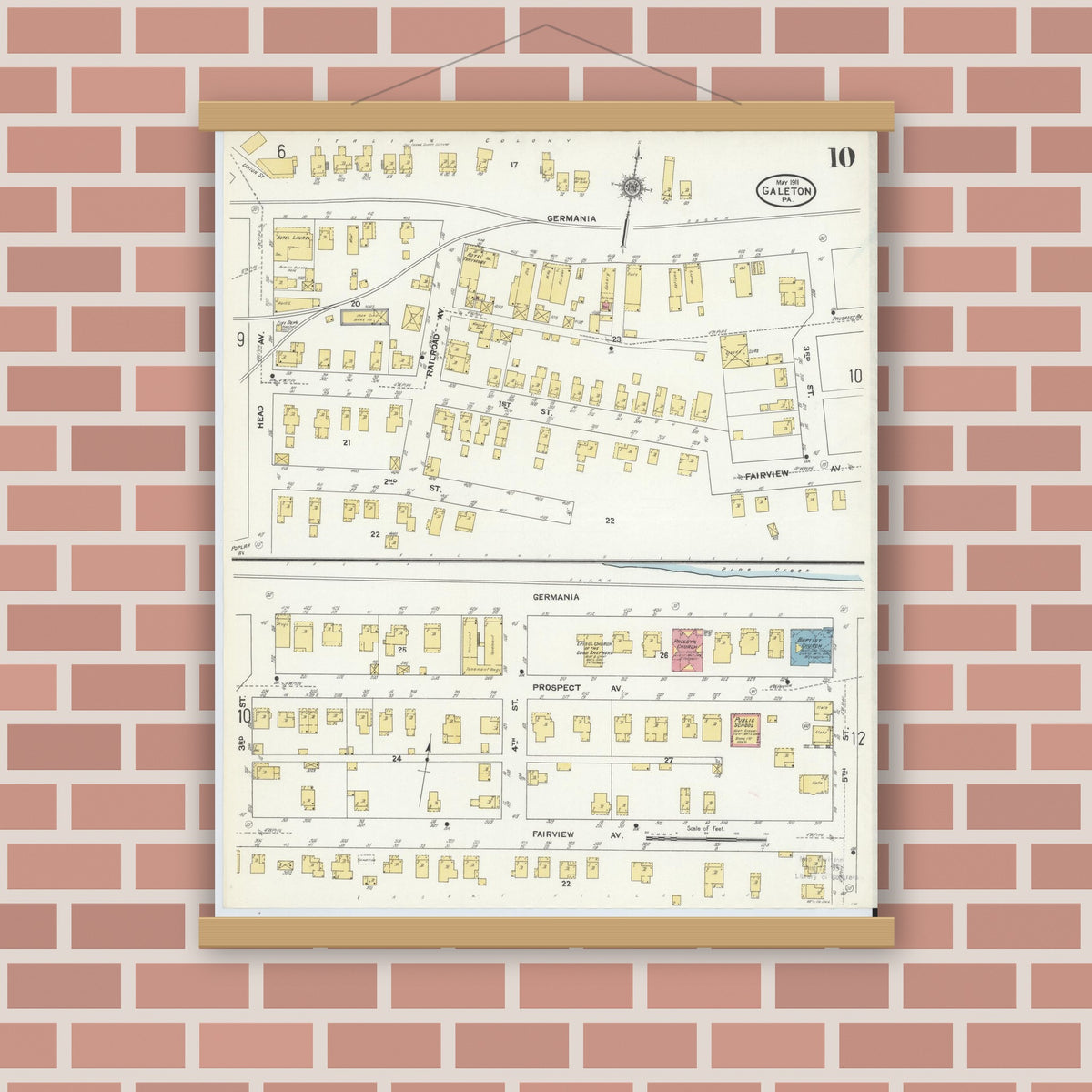 Old map wall art mockup — magnetic wood frame on brick wall — Sanborn Fire Insurance Map from Galeton, Potter County, Pennsylvania (1911), Sheet #0010