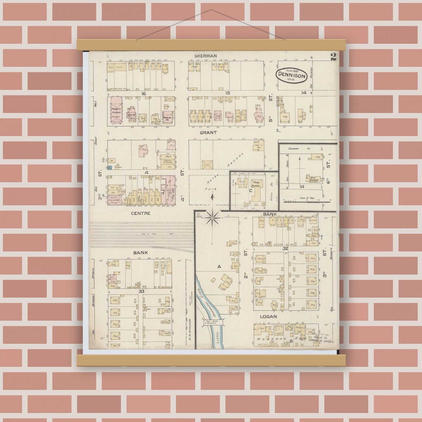 Old map wall art mockup — magnetic wood frame on brick wall — Sanborn Fire Insurance Map from Dennison, Tuscarawas County, Ohio (1887), Sheet #0002