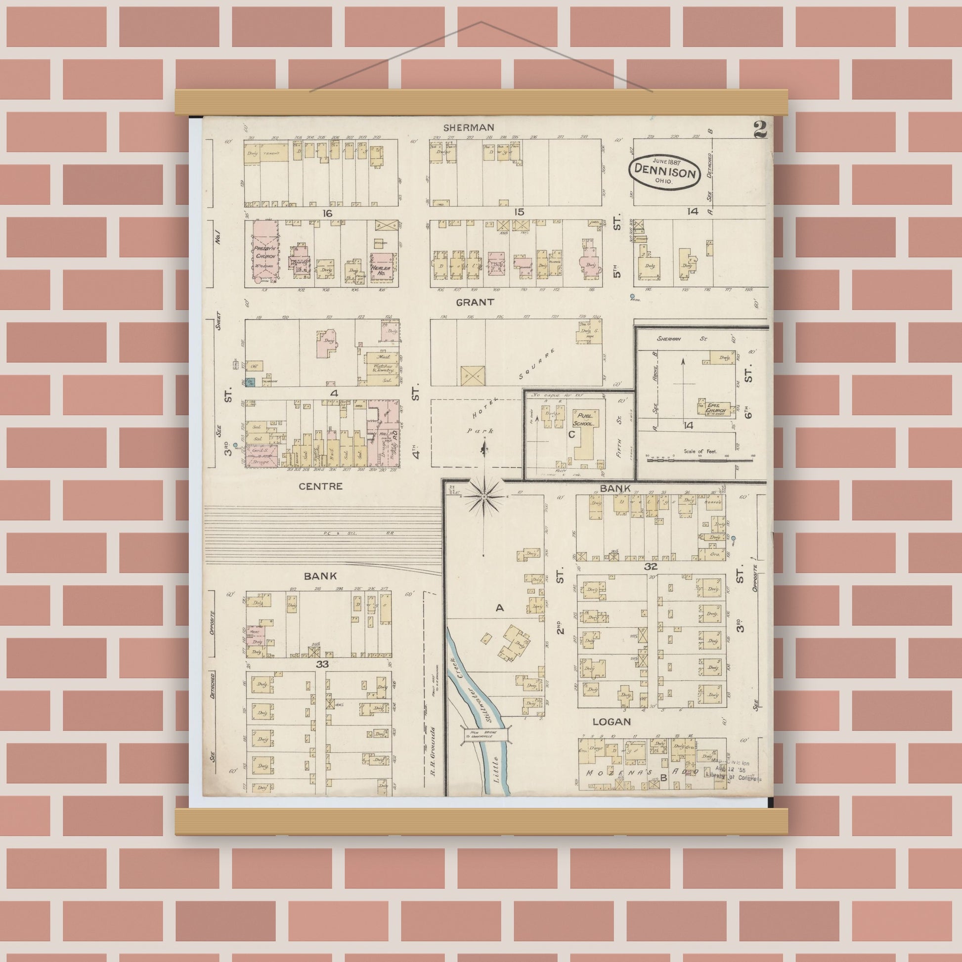 Old map wall art mockup — magnetic wood frame on brick wall — Sanborn Fire Insurance Map from Dennison, Tuscarawas County, Ohio (1887), Sheet #0002