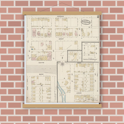 Old map wall art mockup — magnetic wood frame on brick wall — Sanborn Fire Insurance Map from Dennison, Tuscarawas County, Ohio (1887), Sheet #0002