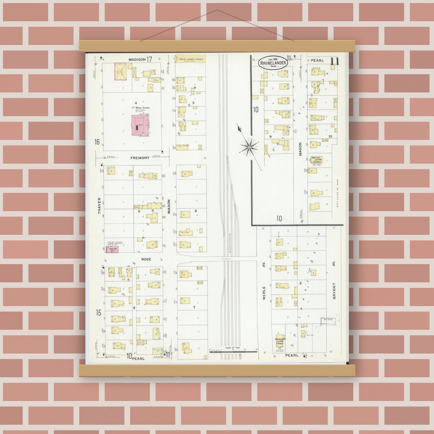 Old map wall art mockup — magnetic wood frame on brick wall — Sanborn Fire Insurance Map from Rhinelander, Oneida County, Wisconsin (1908), Sheet #0011