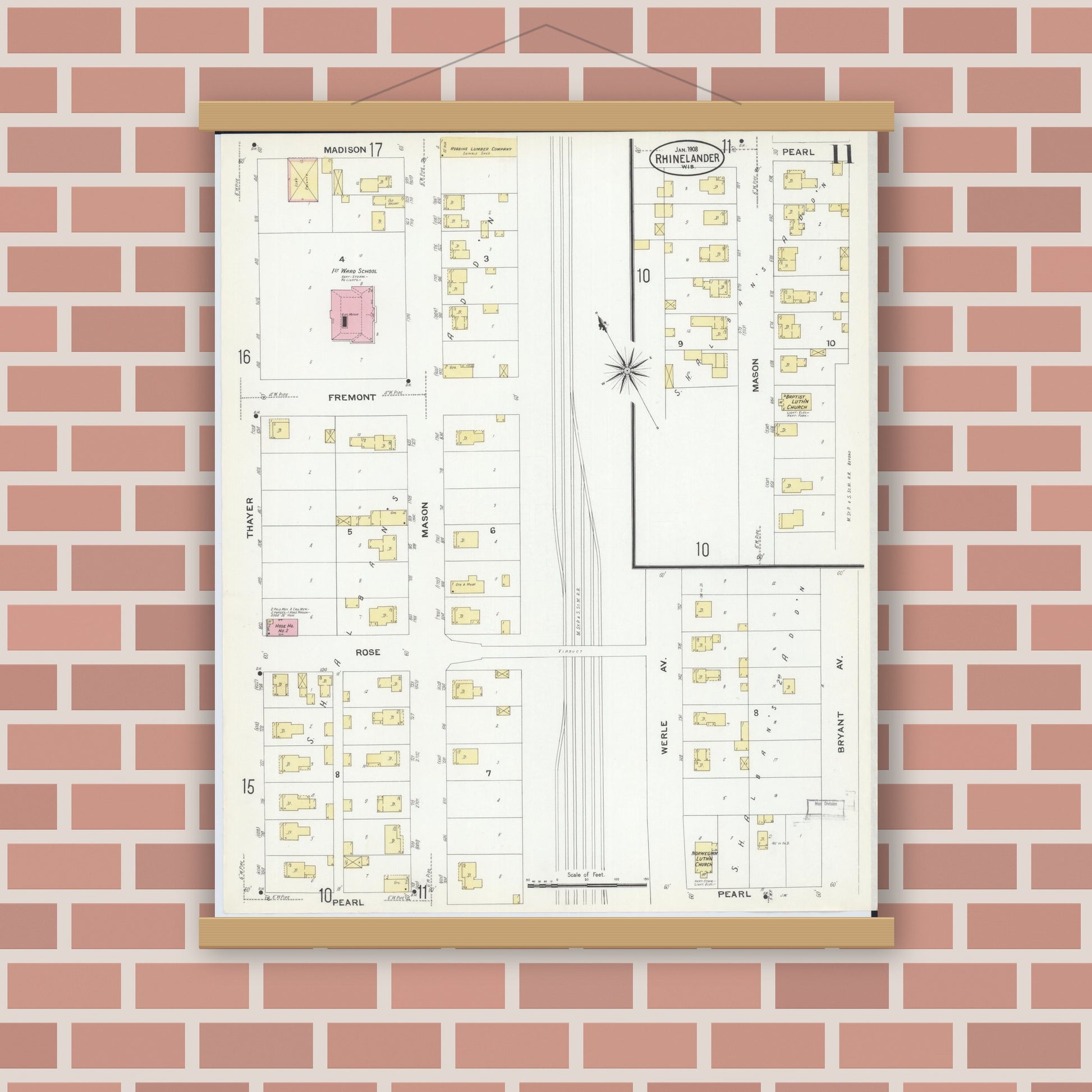 Old map wall art mockup — magnetic wood frame on brick wall — Sanborn Fire Insurance Map from Rhinelander, Oneida County, Wisconsin (1908), Sheet #0011