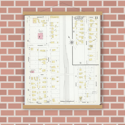 Old map wall art mockup — magnetic wood frame on brick wall — Sanborn Fire Insurance Map from Rhinelander, Oneida County, Wisconsin (1908), Sheet #0011