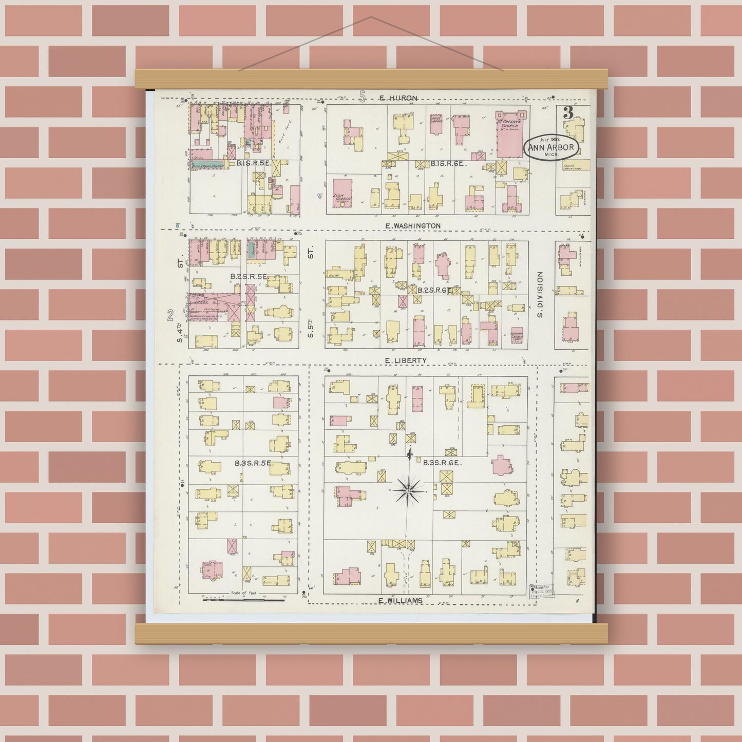 Old map wall art mockup — magnetic wood frame on brick wall — Sanborn Fire Insurance Map from Ann Arbor, Washtenaw County, Michigan (1892), Sheet #0003
