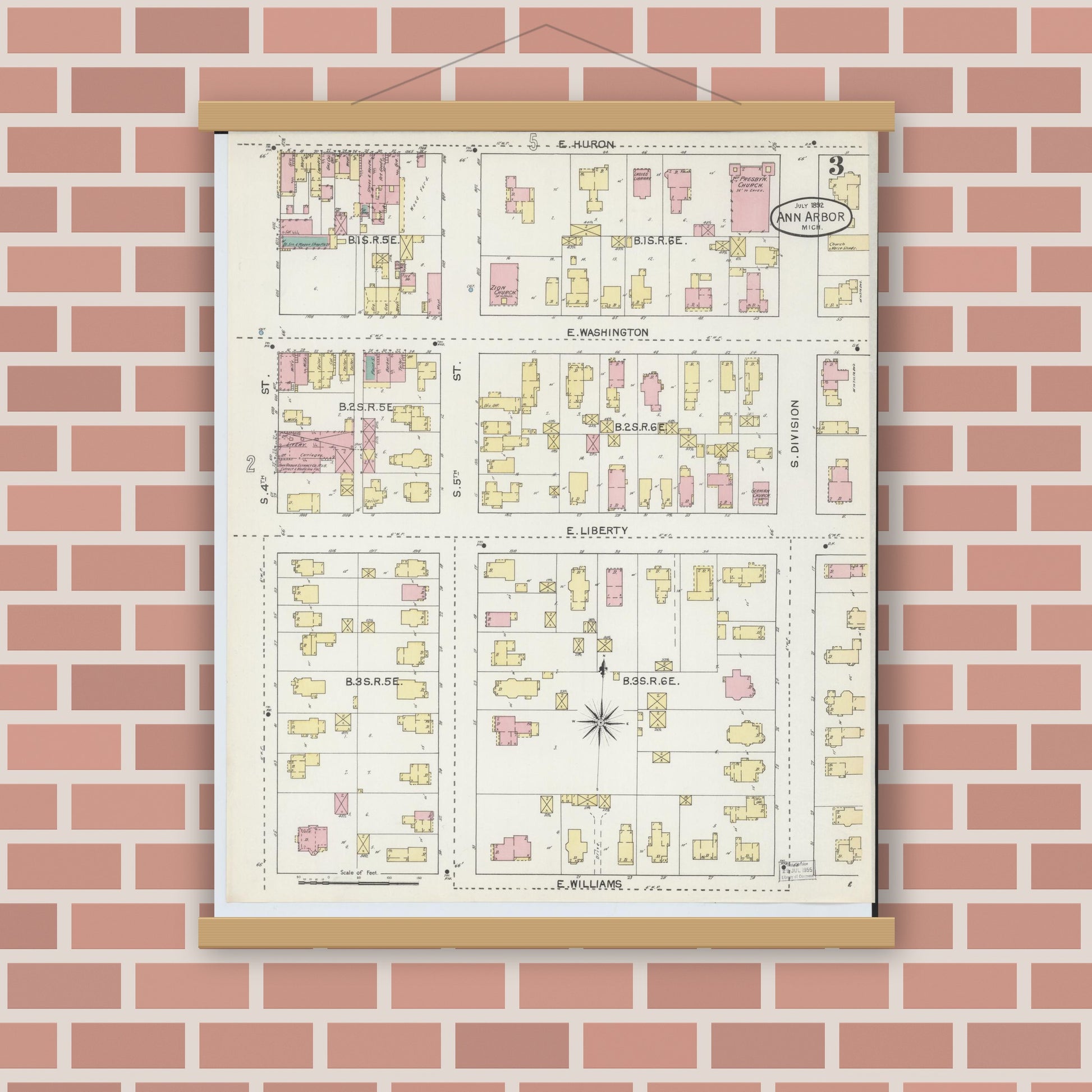 Old map wall art mockup — magnetic wood frame on brick wall — Sanborn Fire Insurance Map from Ann Arbor, Washtenaw County, Michigan (1892), Sheet #0003