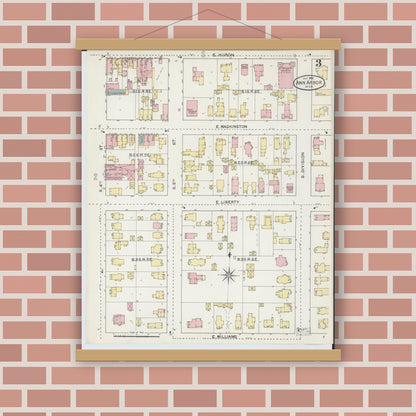 Old map wall art mockup — magnetic wood frame on brick wall — Sanborn Fire Insurance Map from Ann Arbor, Washtenaw County, Michigan (1892), Sheet #0003