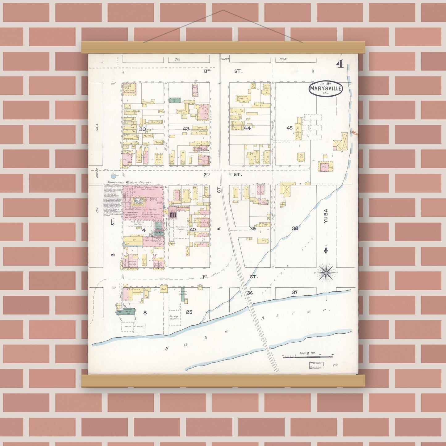 Old map wall art mockup — magnetic wood frame on brick wall — Sanborn Fire Insurance Map from Marysville, Yuba County, California (1890), Sheet #0004