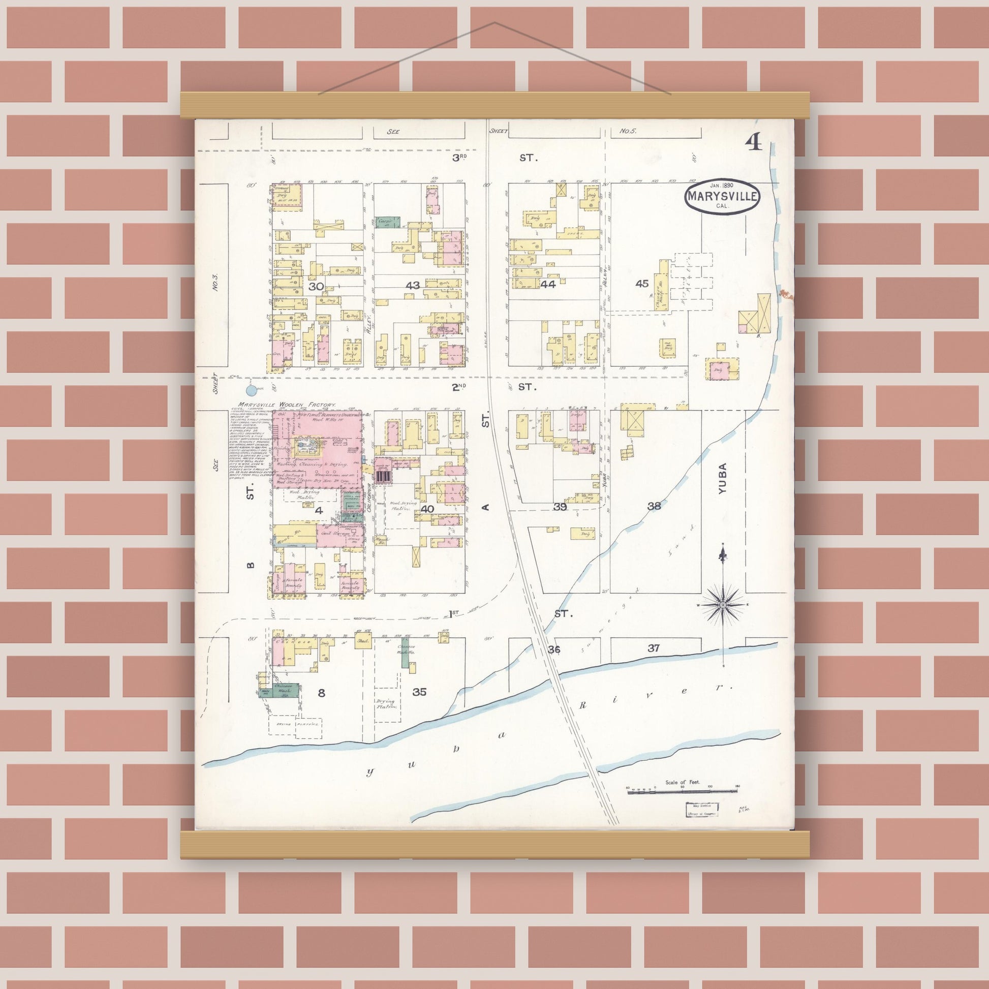 Old map wall art mockup — magnetic wood frame on brick wall — Sanborn Fire Insurance Map from Marysville, Yuba County, California (1890), Sheet #0004