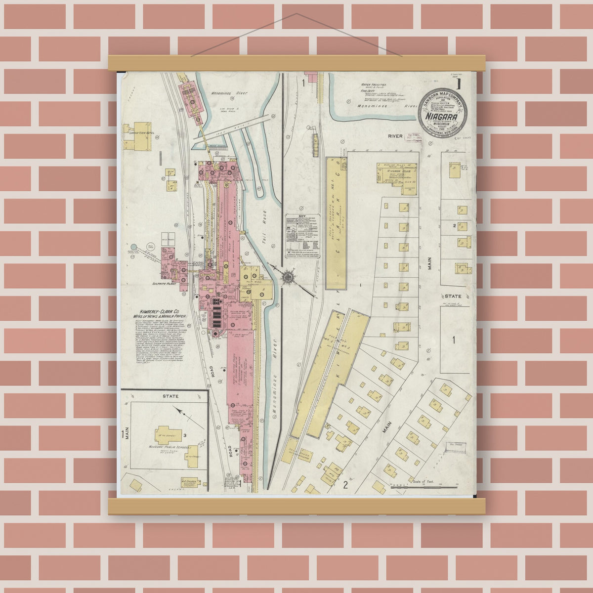 Old map wall art mockup — magnetic wood frame on brick wall — Sanborn Fire Insurance Map from Niagara, Marinette County, Wisconsin (1911), Sheet #0001