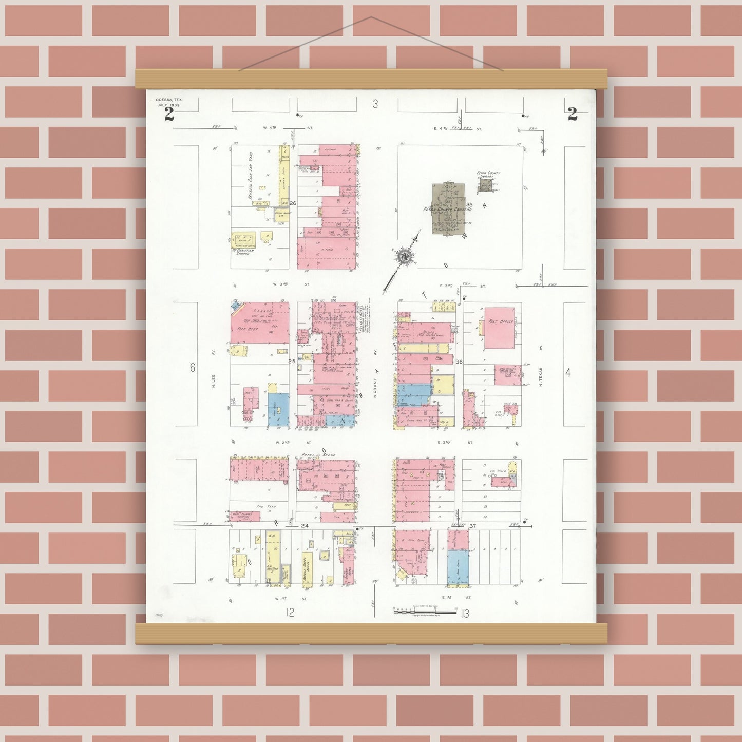 Old map wall art mockup — magnetic wood frame on brick wall — Sanborn Fire Insurance Map from Odessa, Edger County, Texas (1939), Sheet #0002