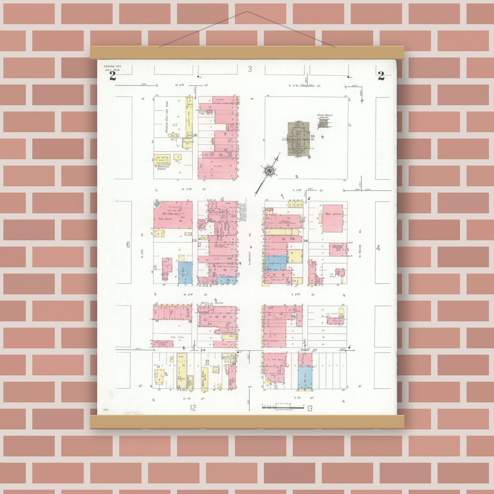 Old map wall art mockup — magnetic wood frame on brick wall — Sanborn Fire Insurance Map from Odessa, Edger County, Texas (1939), Sheet #0002