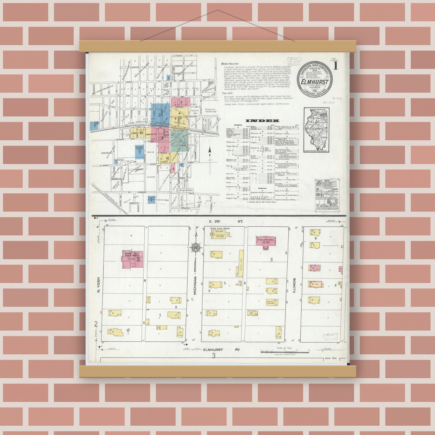Old map wall art mockup — magnetic wood frame on brick wall — Sanborn Fire Insurance Map from Elmhurst, Du Page County, Illinois (1918), Sheet #0001