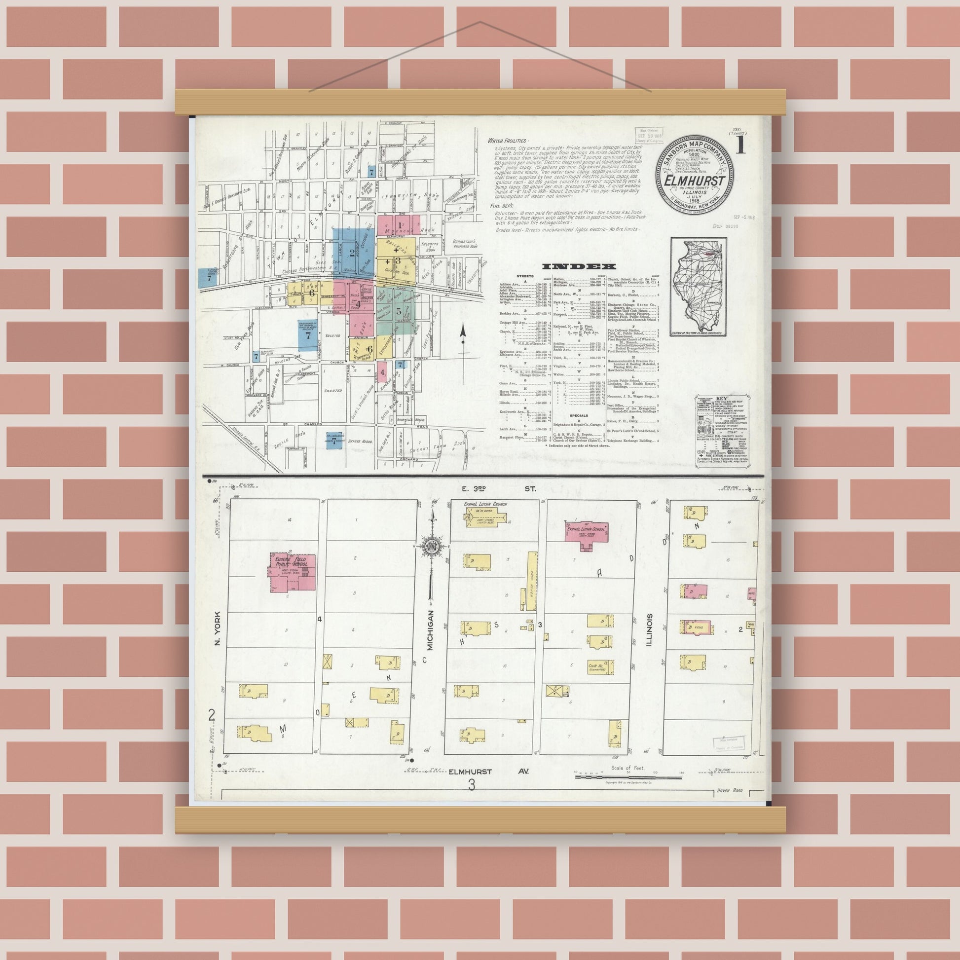 Old map wall art mockup — magnetic wood frame on brick wall — Sanborn Fire Insurance Map from Elmhurst, Du Page County, Illinois (1918), Sheet #0001
