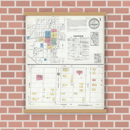 Old map wall art mockup — magnetic wood frame on brick wall — Sanborn Fire Insurance Map from Elmhurst, Du Page County, Illinois (1918), Sheet #0001