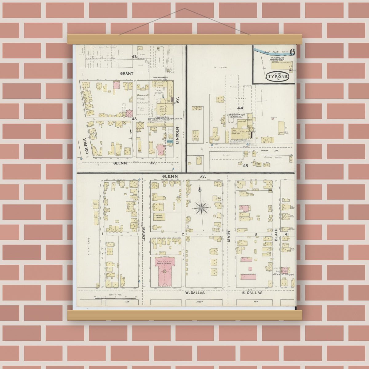 Old map wall art mockup — magnetic wood frame on brick wall — Sanborn Fire Insurance Map from Tyrone, Blair County, Pennsylvania (1891), Sheet #0006