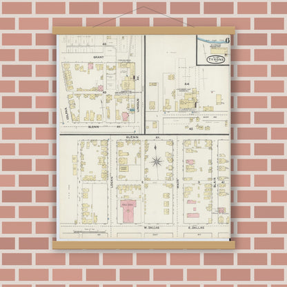Old map wall art mockup — magnetic wood frame on brick wall — Sanborn Fire Insurance Map from Tyrone, Blair County, Pennsylvania (1891), Sheet #0006