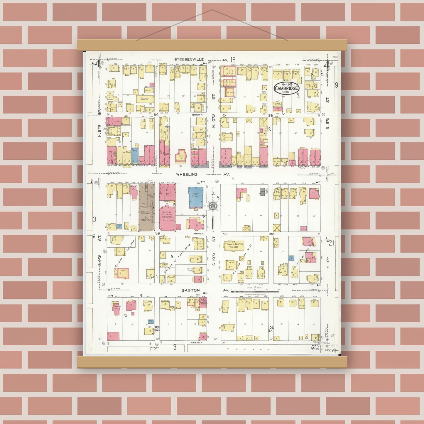 Old map wall art mockup — magnetic wood frame on brick wall — Sanborn Fire Insurance Map from Cambridge, Guernsey County, Ohio (1923), Sheet #0004