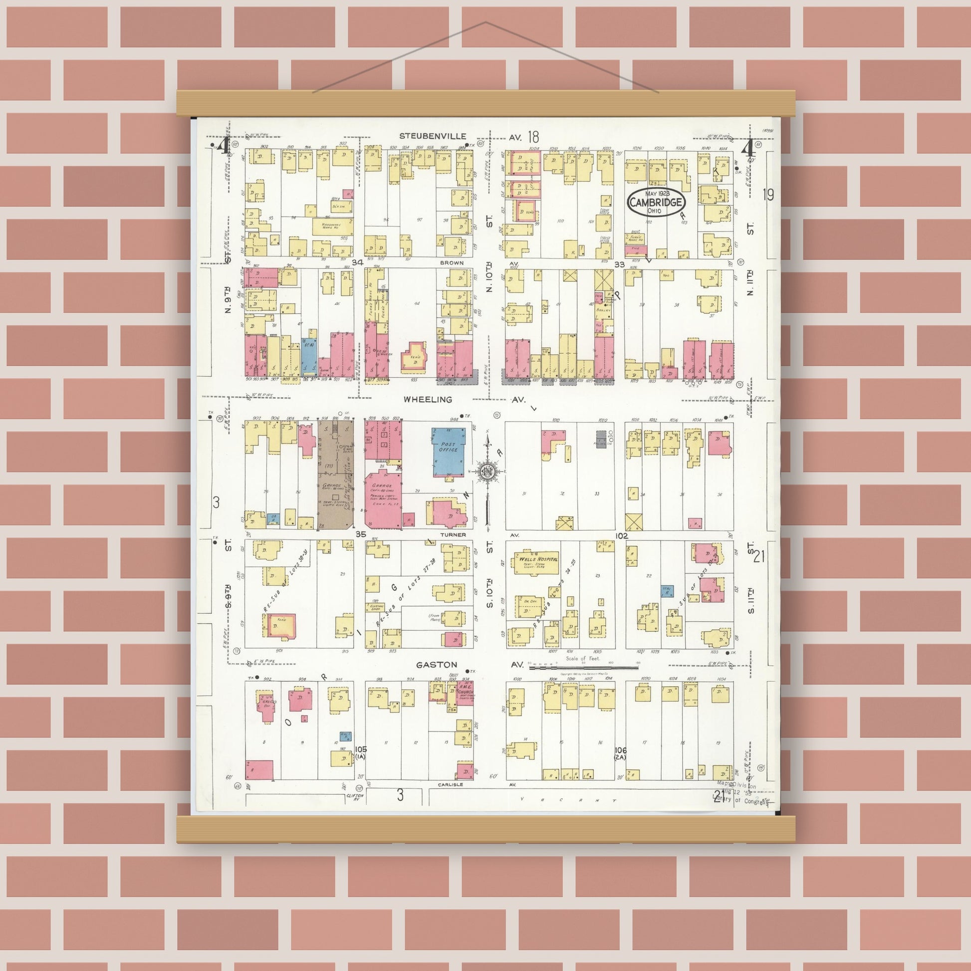 Old map wall art mockup — magnetic wood frame on brick wall — Sanborn Fire Insurance Map from Cambridge, Guernsey County, Ohio (1923), Sheet #0004