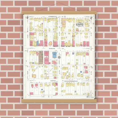 Old map wall art mockup — magnetic wood frame on brick wall — Sanborn Fire Insurance Map from Cambridge, Guernsey County, Ohio (1923), Sheet #0004