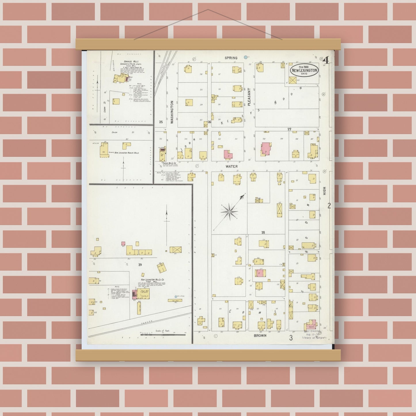 Old map wall art mockup — magnetic wood frame on brick wall — Sanborn Fire Insurance Map from New Lexington, Perry County, Ohio (1900), Sheet #0004