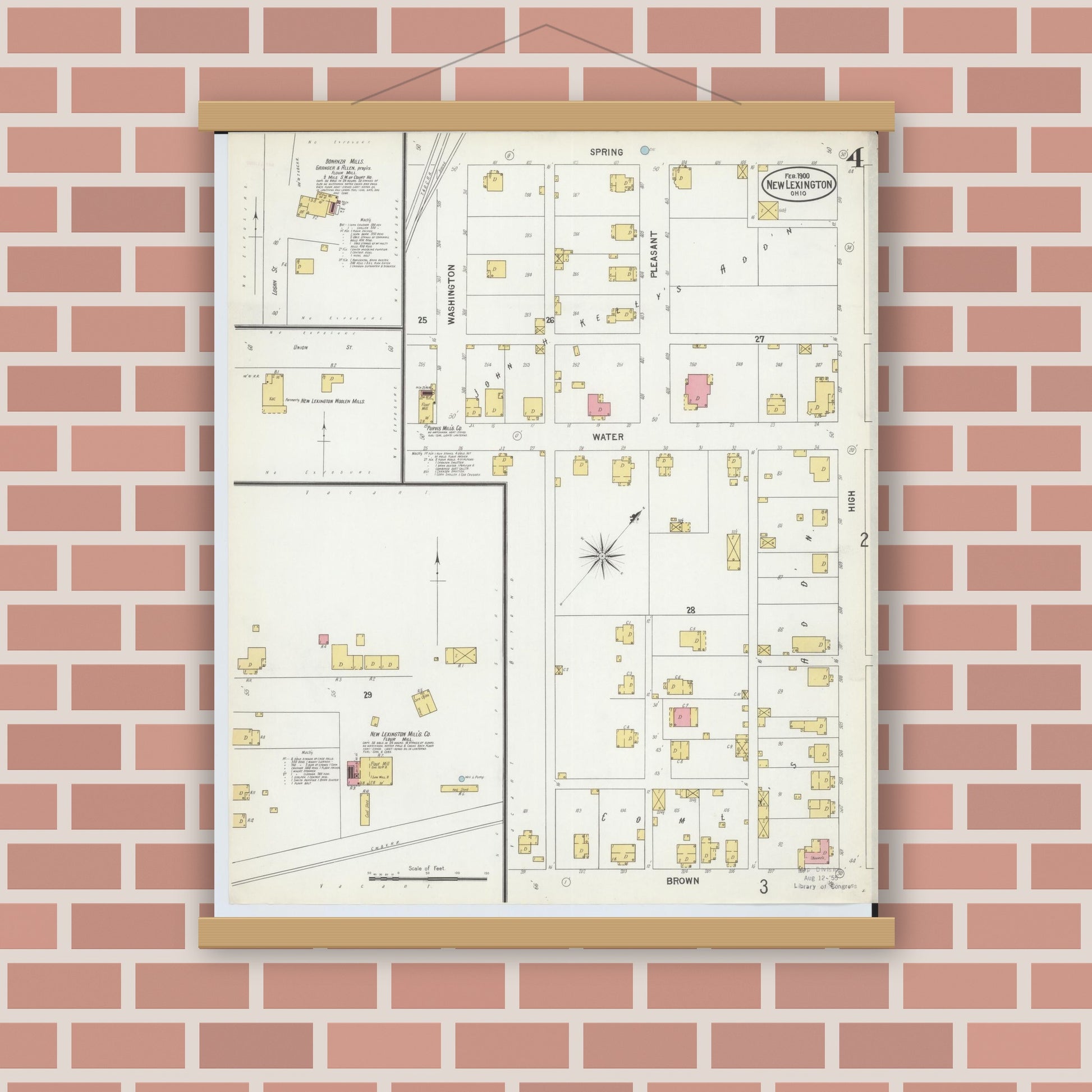 Old map wall art mockup — magnetic wood frame on brick wall — Sanborn Fire Insurance Map from New Lexington, Perry County, Ohio (1900), Sheet #0004