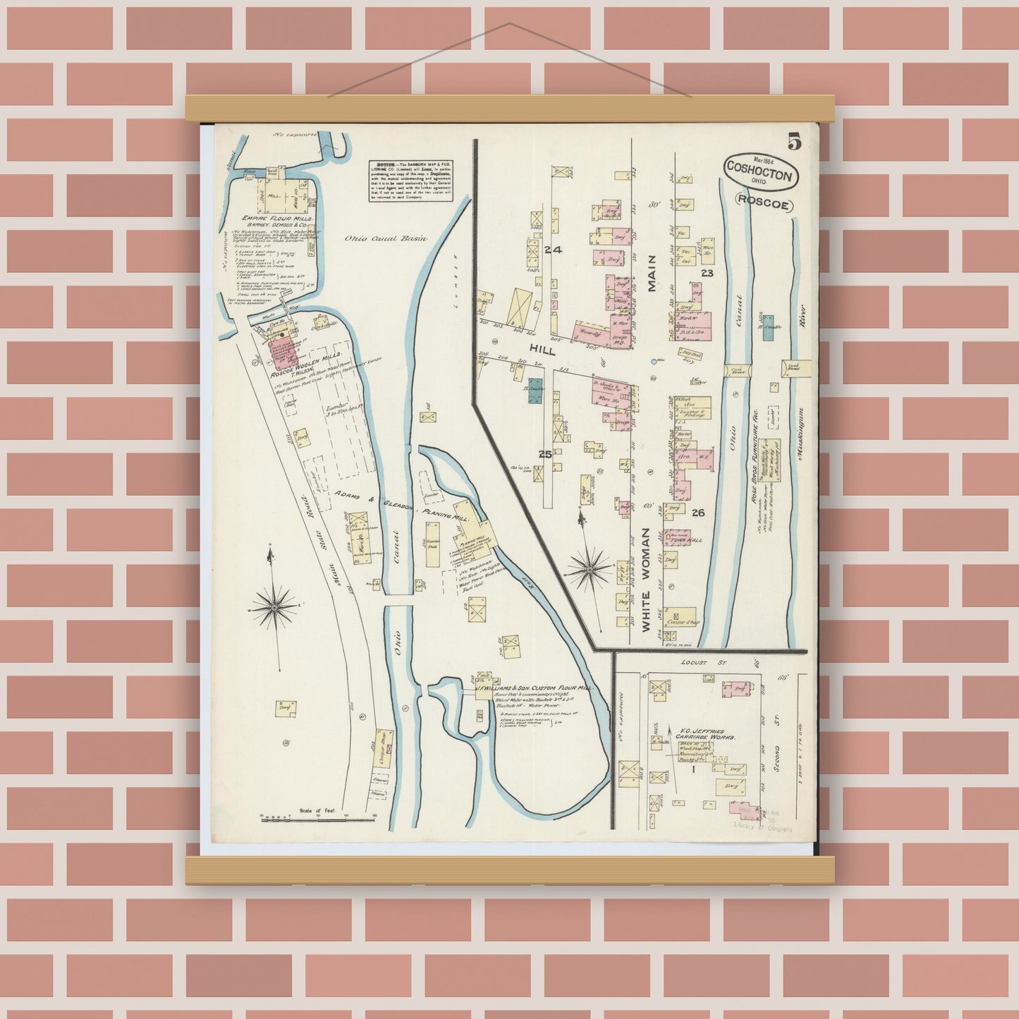 Old map wall art mockup — magnetic wood frame on brick wall — Sanborn Fire Insurance Map from Coshocton, Coshocton County, Ohio (1884), Sheet #0005