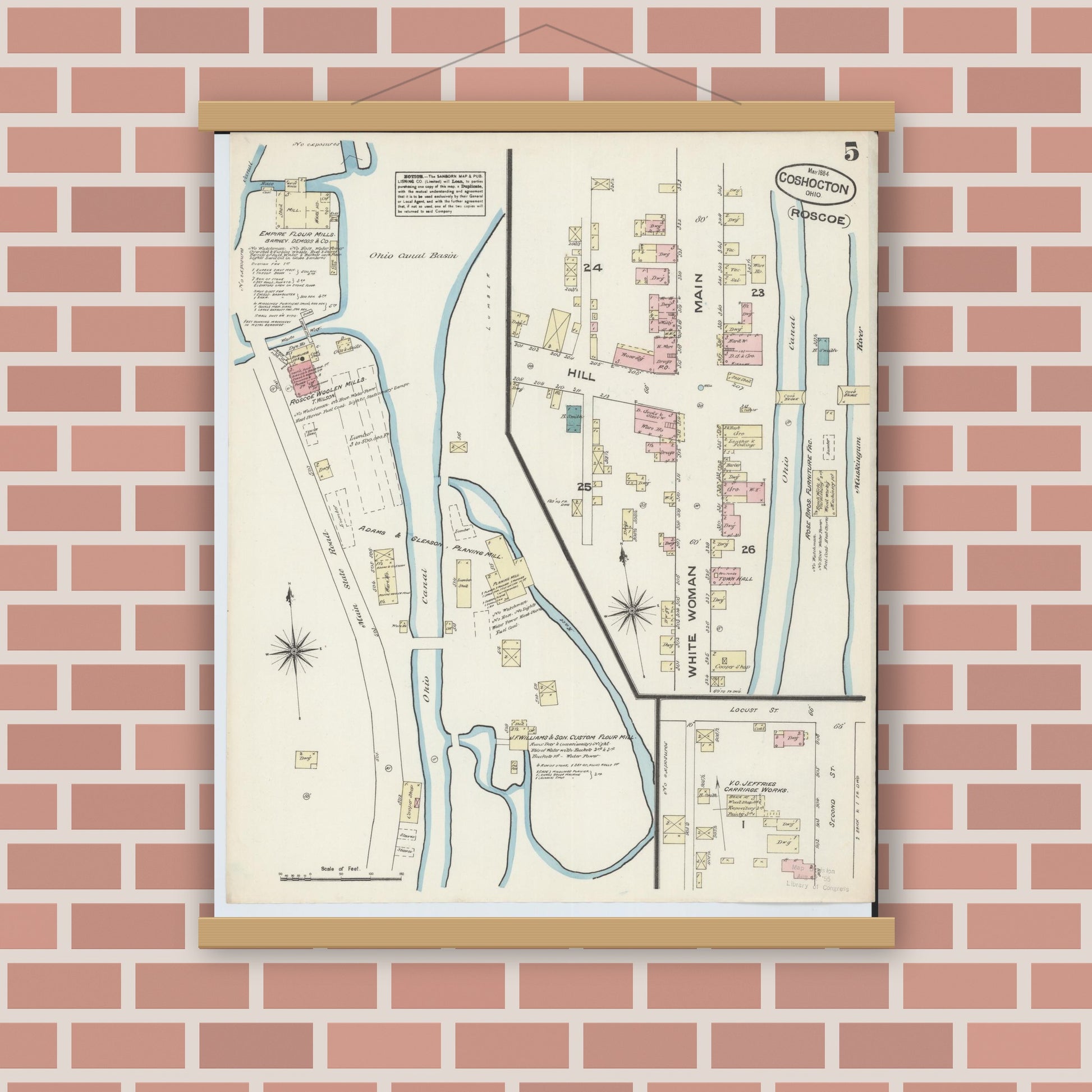 Old map wall art mockup — magnetic wood frame on brick wall — Sanborn Fire Insurance Map from Coshocton, Coshocton County, Ohio (1884), Sheet #0005