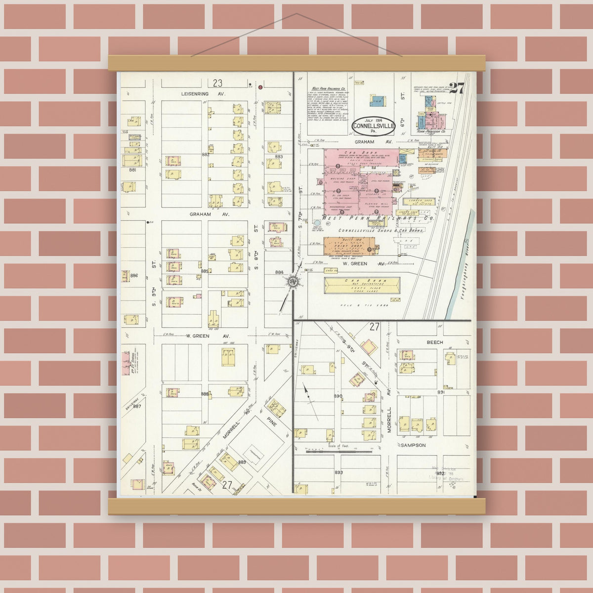 Old map wall art mockup — magnetic wood frame on brick wall — Sanborn Fire Insurance Map from Connellsville, Fayette County, Pennsylvania (1914), Sheet #0027